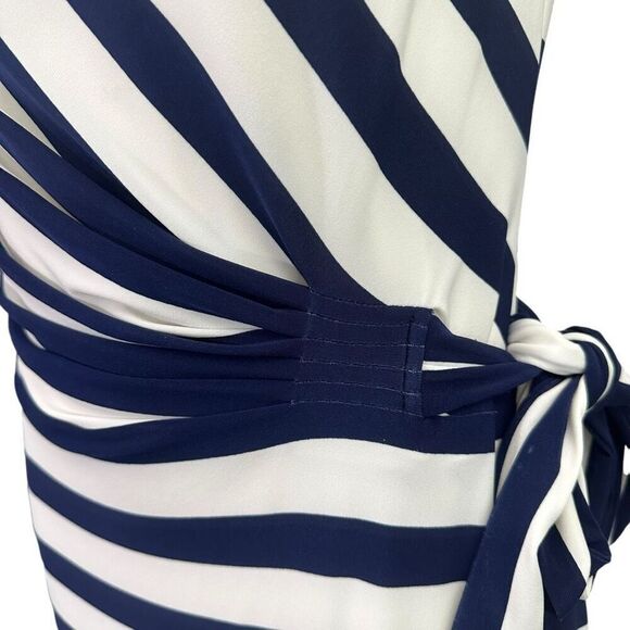 Ralph Lauren Navy White Striped Cap Sleeve Ruched Waist Drape Neck Dress sz‎ 12 - Picture 7 of 12